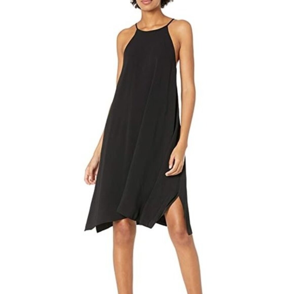 HALSTON HERITAGE High Neck Flowy Cami Silk Dress Black Back Logo